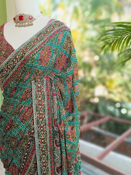 Alankar Rama Green Saree with Embroidery Sequin and Mirror Work