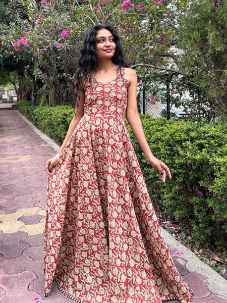 Maroon Spaghetti Cotton Maxi Dress