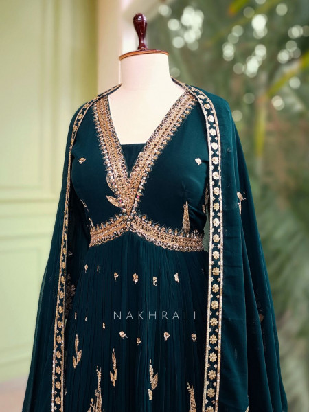 Elowen Teal Georgette Gharara Set with Zari Sequin Work