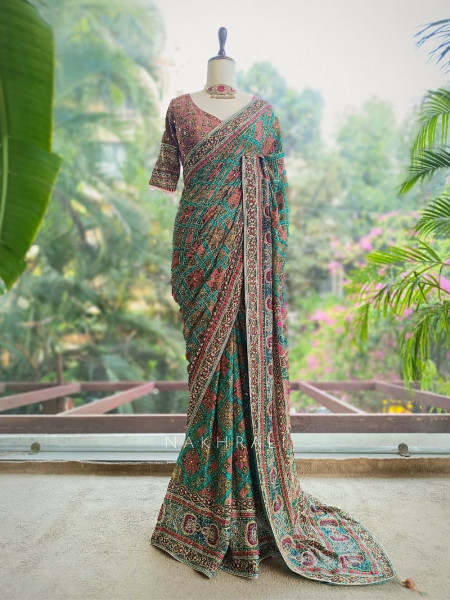 Alankar Rama Green Saree with Embroidery Sequin and Mirror Work