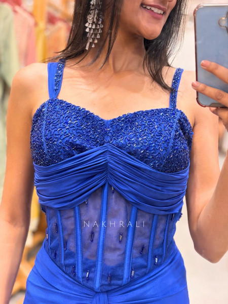 Cyrina Royal Blue Crop Top Skirt Set with Cut Dana Work