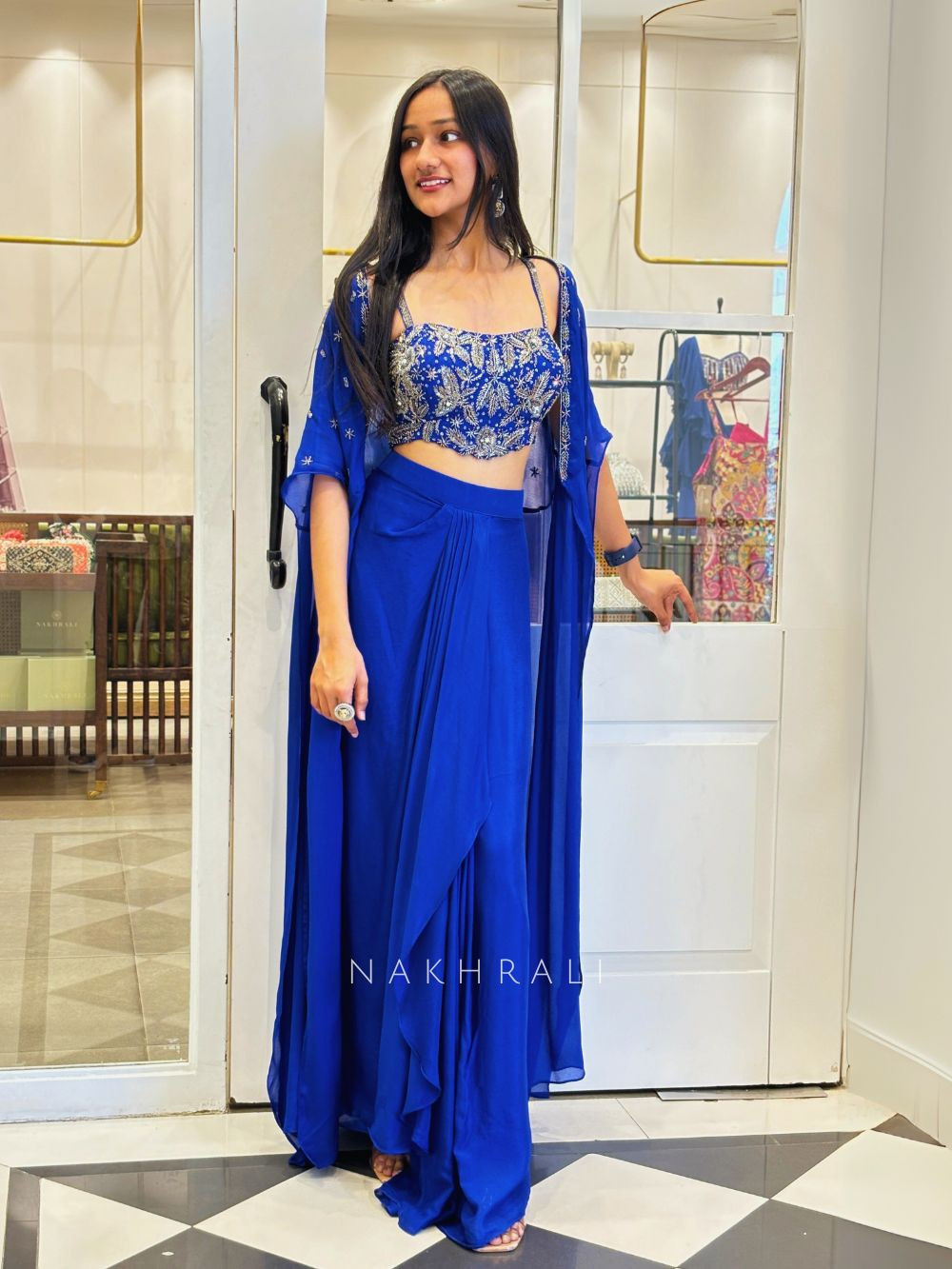 Georgette Crop Top And Skirt With Long Shrug Blue Crop Top Dhoti
