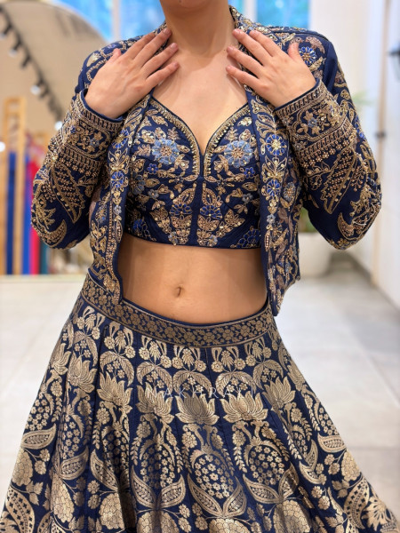 Sapphire Blue Indo-Western Lehenga Set With Jacket