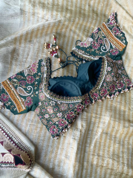 Navpallav Bottle Green Tissue Saree with Sequin Bead Embroidery