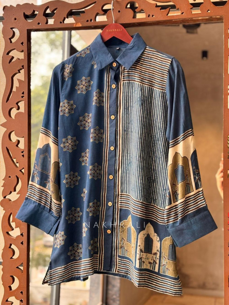 Image of Gatha Blue Printed Shirt in Soft Fabric