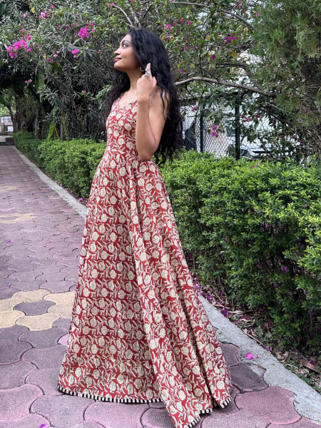 Maroon Spaghetti Cotton Maxi Dress