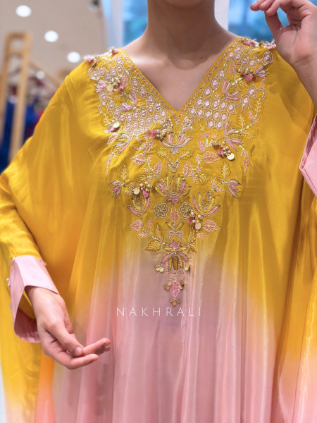 Kesarika Yellow & Pink Modal SatinOmbré Kaftan Set