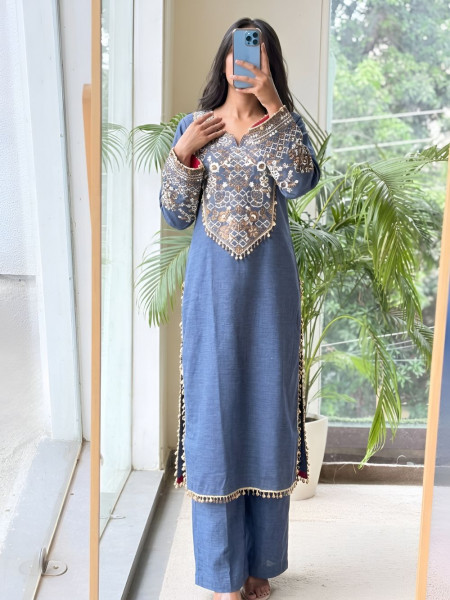 Sikka Slub Blue Indigo Chambray Long Kurta