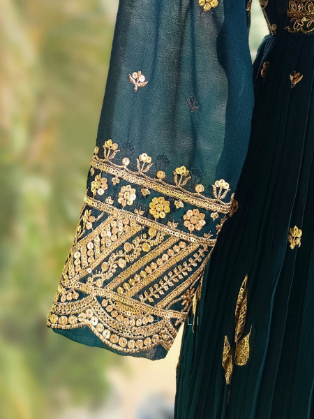 Elowen Teal Georgette Gharara Set with Zari Sequin Work
