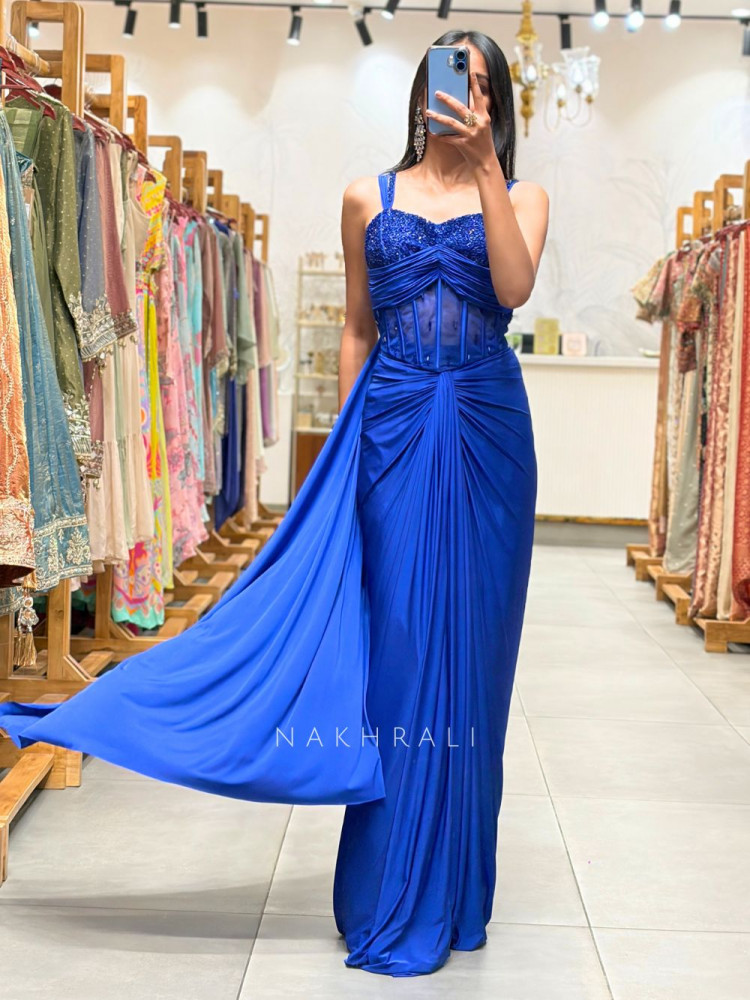 Image of Cyrina Royal Blue Crop Top Skirt Set with Cut Dana Work