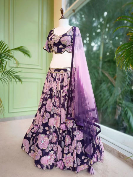 Amira Dark Purple Floral Lehenga with Sequin & Zari Work