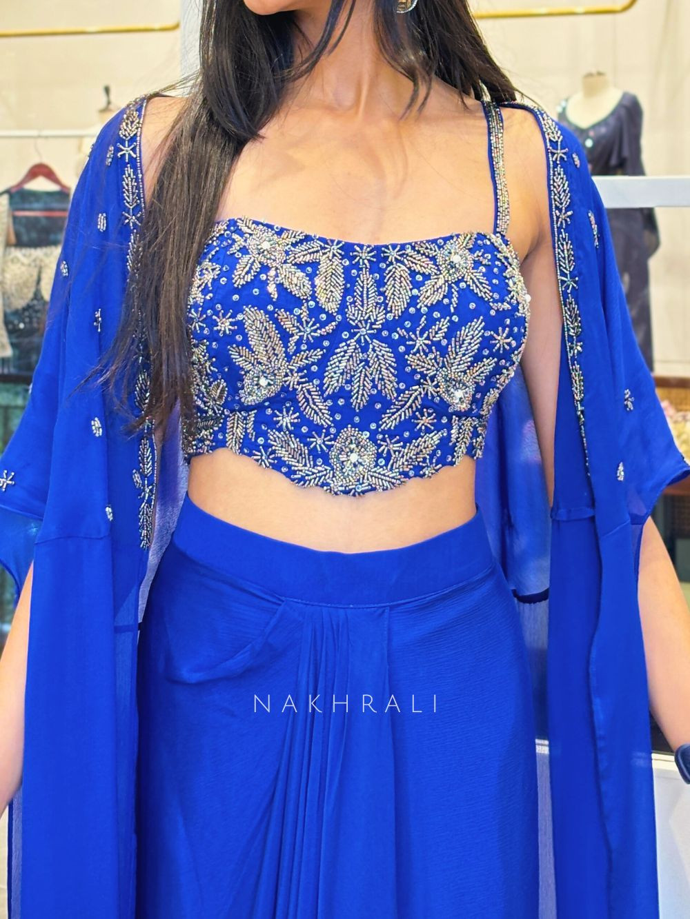 Blue Crop Top Dhoti Skirt Set with Shrug in Georgette