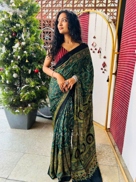 Saavan Green Handcrafted Modal Saree