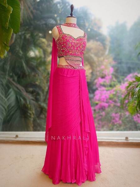Navira Magenta Indo Western Draped Dress with Zari Cut Dana and Sequin Work