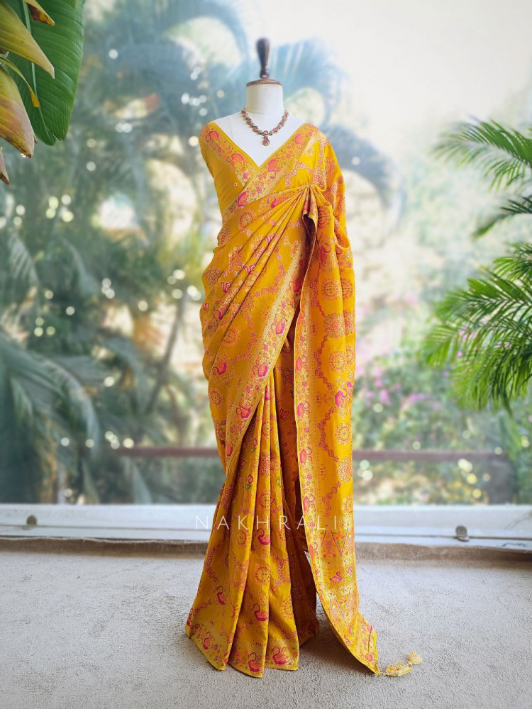 Image of Solvara Yellow Bandhani Saree with Traditional Border