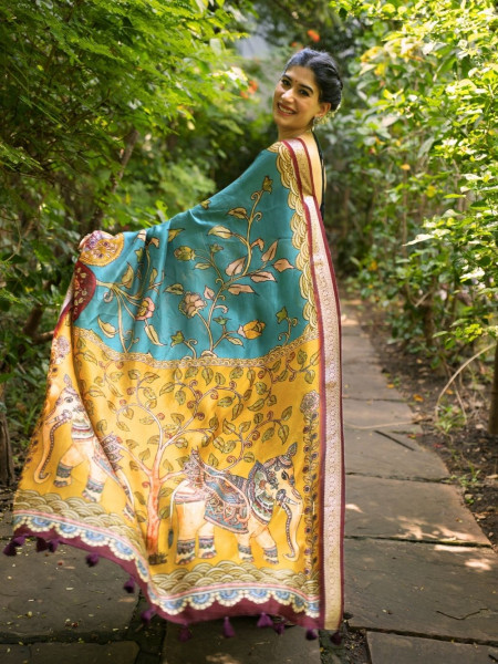 Tanirika Blue Kalamkari Saree