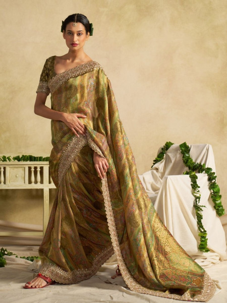 Parisa Green Tissue Dola Silk Saree with Heavy Zardozi Border