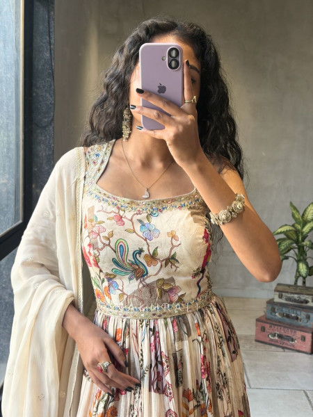 Zarvella Cream Anarkali with Artistic Printed Work and Dupatta