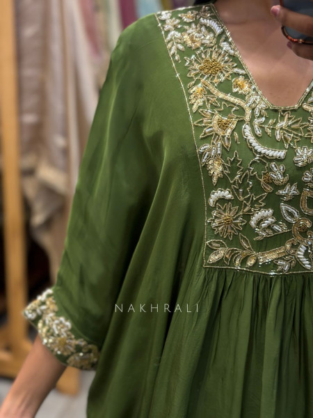Lehar Green Kaftan Set with Sequin and Cut Dana Yoke and Sleeve Work