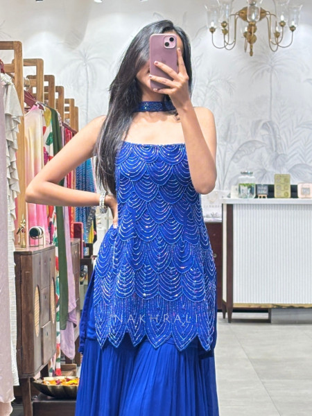Royal Aura Blue Gharara Set with Pearl and Cutdana Work