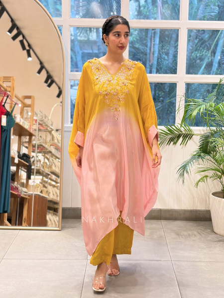 Kesarika Yellow & Pink Modal SatinOmbré Kaftan Set
