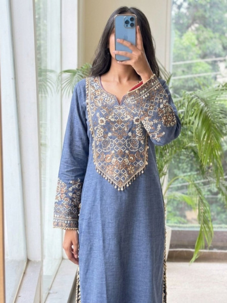 Sikka Slub Blue Indigo Chambray Long Kurta