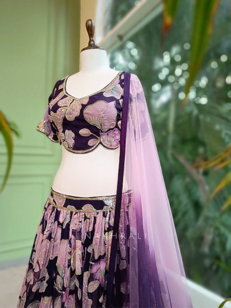 Amira Dark Purple Floral Lehenga with Sequin & Zari Work