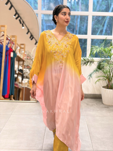 Kesarika Yellow & Pink Modal SatinOmbré Kaftan Set