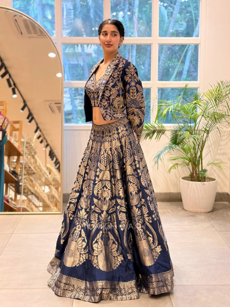 Sapphire Blue Indo-Western Lehenga Set With Jacket