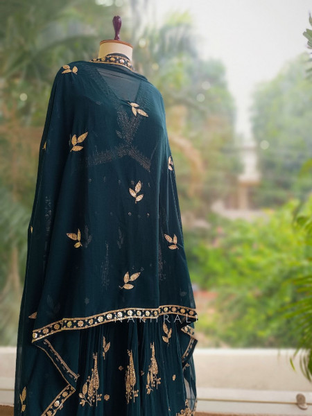 Elowen Teal Georgette Gharara Set with Zari Sequin Work