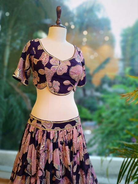 Amira Dark Purple Floral Lehenga with Sequin & Zari Work