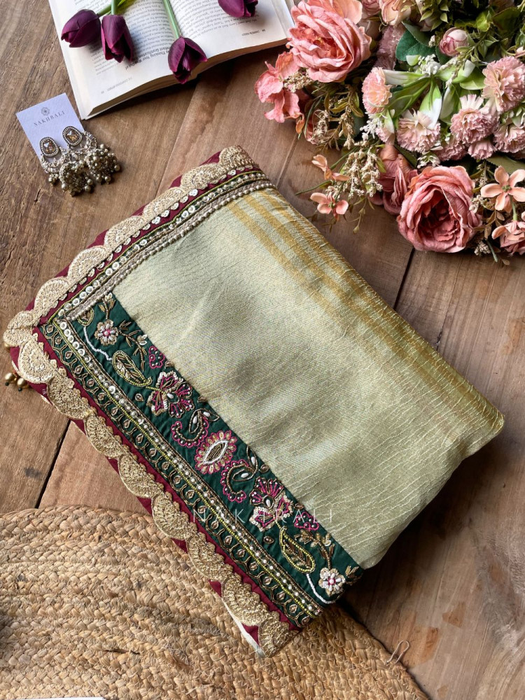 Image of Navpallav Bottle Green Tissue Saree with Sequin Bead Embroidery