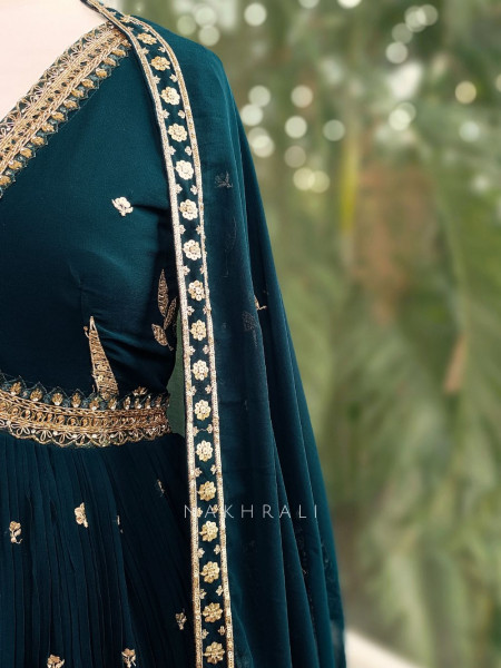 Elowen Teal Georgette Gharara Set with Zari Sequin Work