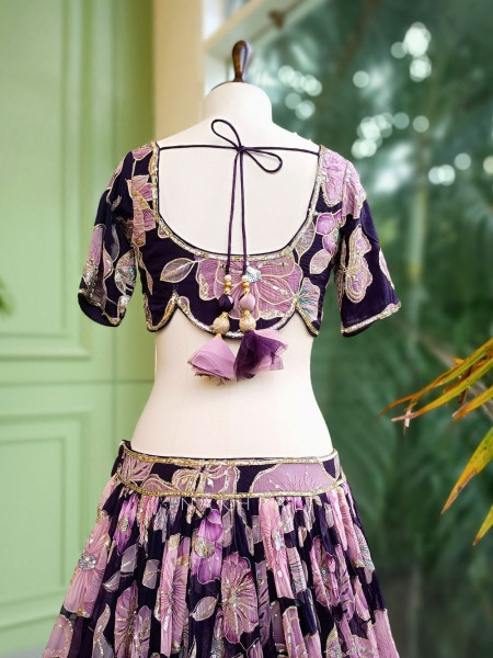 Amira Dark Purple Floral Lehenga with Sequin & Zari Work