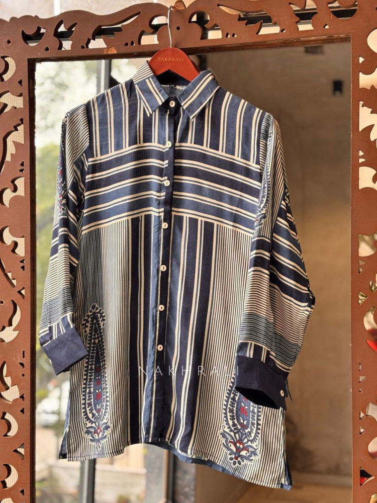 Image of Gatha Navy Blue Printed Shirt in Soft Fabric