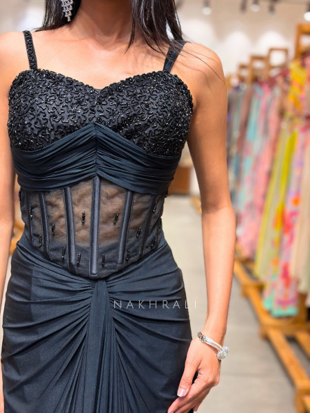 Cyrina Black Crop Top Skirt Set with Cut Dana Work