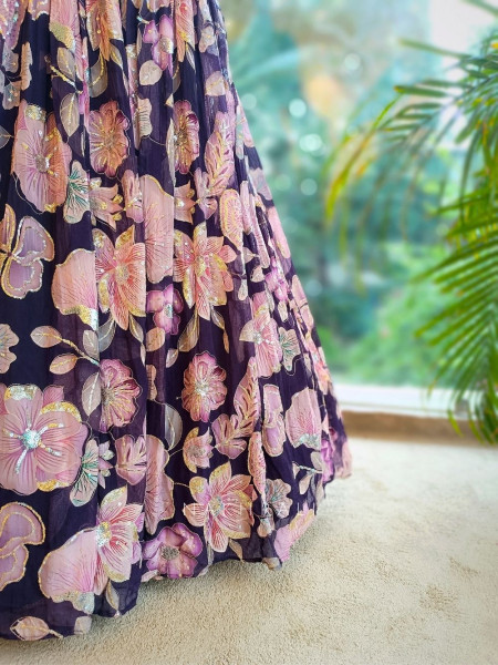 Amira Dark Purple Floral Lehenga with Sequin & Zari Work