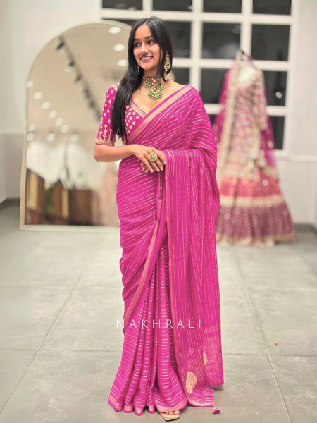 The Aurelia Crest Fuchsia Dola Silk Saree with Sequin and Cut Dana Embedded Readymade Blouse