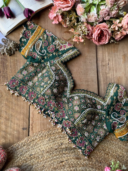 Navpallav Bottle Green Tissue Saree with Sequin Bead Embroidery