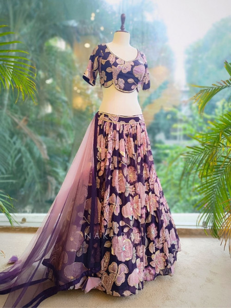 Amira Dark Purple Floral Lehenga with Sequin & Zari Work