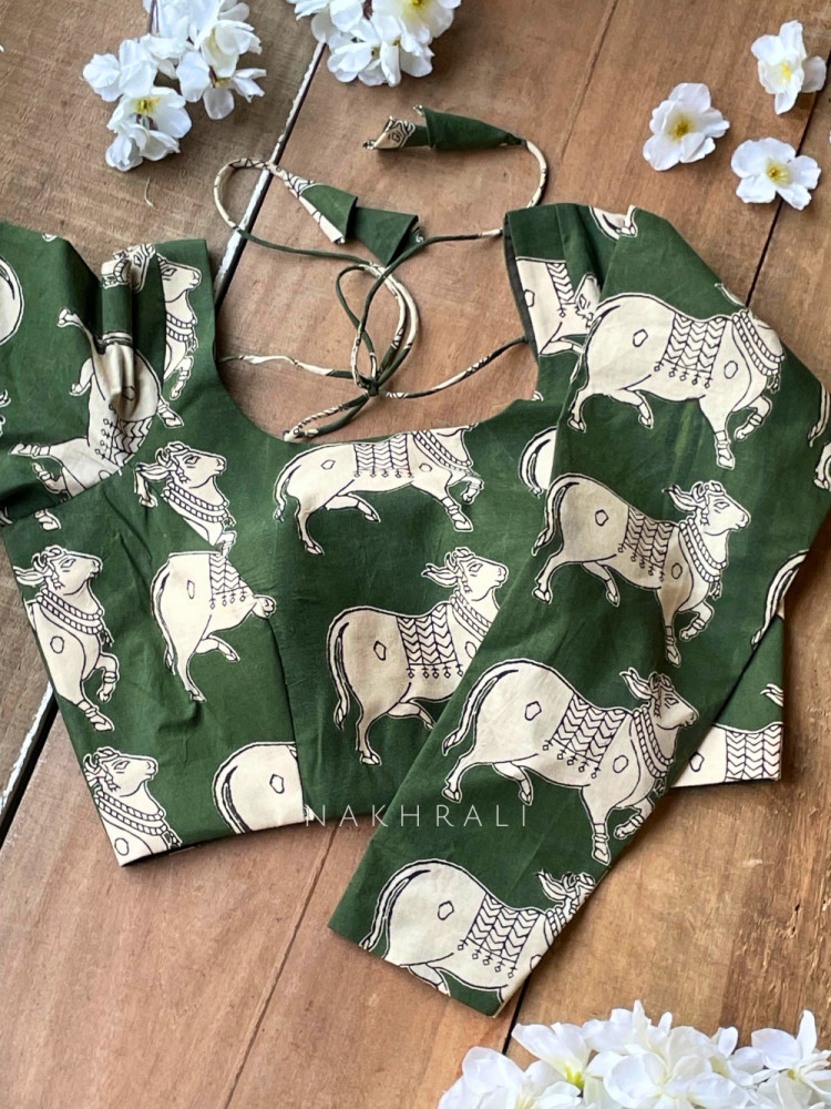 Image of Nandi Dark Green Cotton Printed Blouse