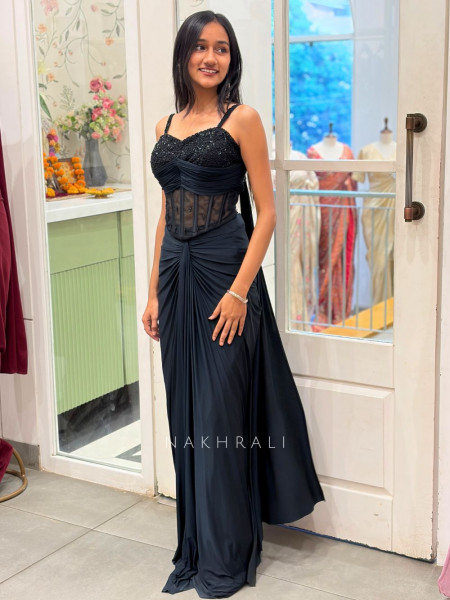 Cyrina Black Crop Top Skirt Set with Cut Dana Work