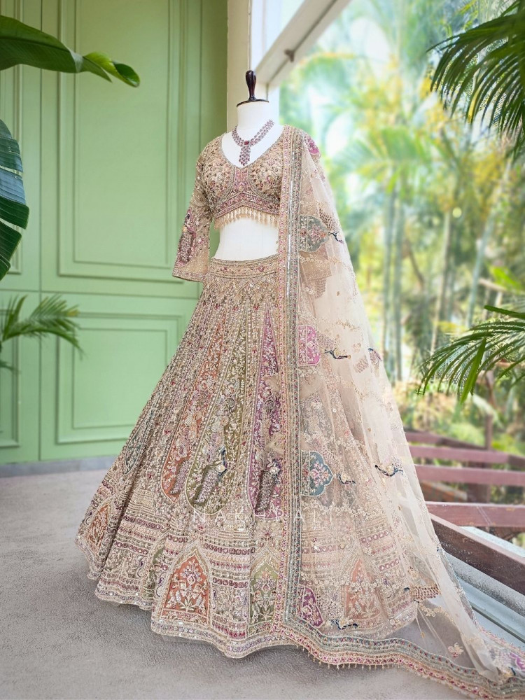 Image of Shubhrang Beige Embroidered Sequin Lehenga Set