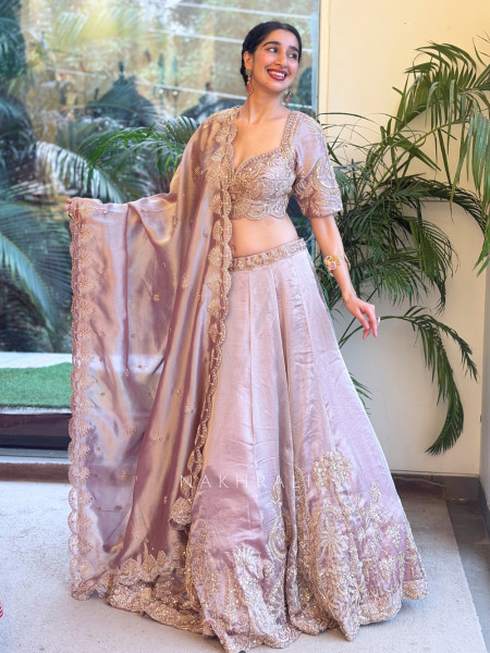 Mrinalika Pink Tissue Silk Lehenga Set
