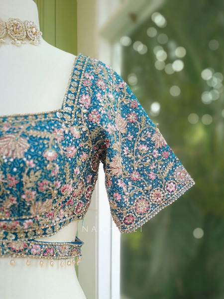 Regal Twilight Firozi Net Lehenga with Zari and Sequin Work