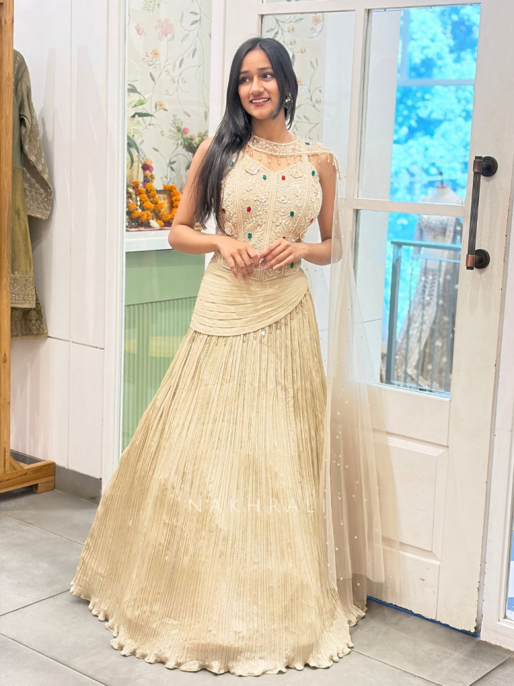 Image of Fiorella Beige Lehenga with Cut Dana, Sequin and Stone Work