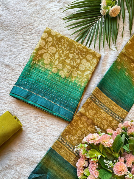 Aarunya Mehendi Green Dress Material with Kantha and Floral Print