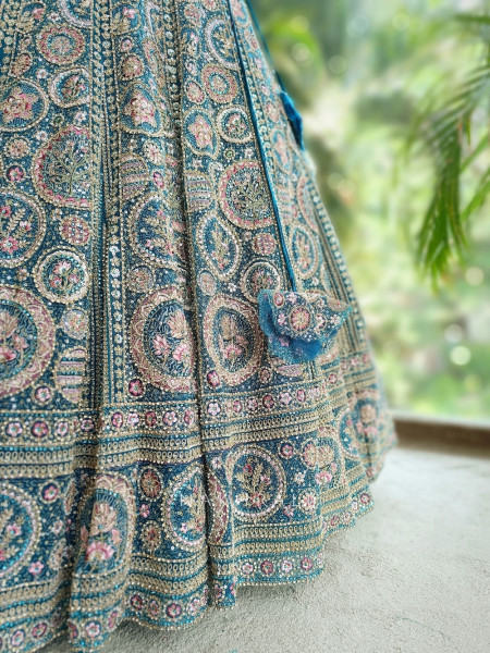 Regal Twilight Firozi Net Lehenga with Zari and Sequin Work