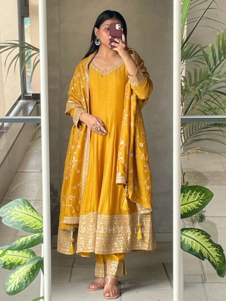 Golden Glow Mustard Anarkali Suit with Zari & Sequin Work