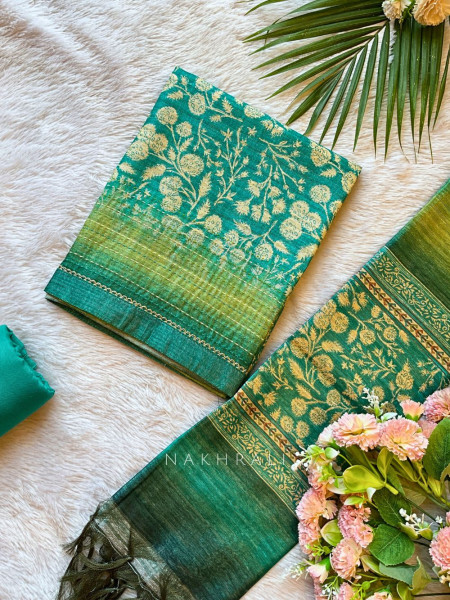 Aarunya Aqua blue Dress Material with Kantha and Floral Print